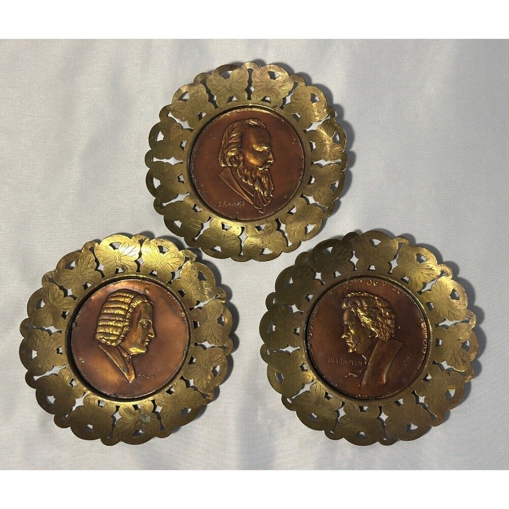 3 Vintage 1930s Brass Copper Composer Frame 6" Wall Decor Hangings